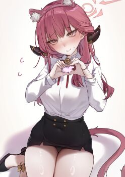 1girl absurdres animal_ear_hairband animal_ears ankle_bow ankle_ribbon aru_(blue_archive) bell black_horns black_shoes black_skirt blue_archive blush bow breasts brown_background buttons cat_ear_hairband cat_ears cat_tail closed_mouth collared_shirt commentary_request covered_navel cowboy_shot demon_horns fake_animal_ears fake_tail flying_sweatdrops gradient_background hairband halo hands_up head_tilt heart heart_hands high-waist_skirt highres horns jingle_bell large_breasts long_hair long_sleeves looking_at_viewer miniskirt neck_bell neck_ribbon nervous_smile nose_blush panties pantyshot pencil_skirt raised_eyebrows red_hair red_hairband red_halo red_ribbon ribbon shadow shirt shirt_tucked_in shoes sitting skirt smile solo strappy_heels sweat tail underwear wariza white_panties white_shirt xiao_jian yellow_bow yellow_eyes