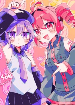 2girls :d ahoge bare_shoulders beret black_hat black_skirt black_sleeves blue_shirt blue_skirt blue_sleeves breast_pocket closed_mouth collared_shirt detached_sleeves double-parted_bangs drill_hair fingernails hair_between_eyes hand_up hashtag-only_commentary hat kasane_teto kasane_teto_(utau) miniskirt multiple_girls nail_polish necktie number_tattoo open_mouth pocket purple_eyes purple_hair purple_nails purple_necktie purple_trim red_eyes red_hair red_nails red_trim shirt short_hair shoulder_tattoo skirt sleeveless sleeveless_shirt smile tattoo twin_drills utane_uta utau white_shirt yuusuke-kun