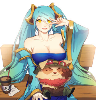 1girl bad_id bad_pixiv_id bench blue_dress blue_eyes blue_hair breasts closed_eyes collarbone detached_sleeves dress hair_over_one_eye hsn4444 large_breasts league_of_legends lips long_hair looking_at_viewer mouse_(animal) off_shoulder sitting sitting_on_lap sitting_on_person smile sona_(league_of_legends) teemo twintails v v_over_eye very_long_hair wide_sleeves yellow_eyes