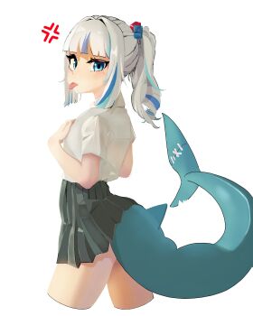 1girl bare_legs black_skirt blue_eyes blue_hair blush eyelashes female_focus fins fish_girl fish_tail gawr_gura hair_ornament hands_on_own_chest highres hololive hololive_english looking_at_viewer looking_to_the_side multicolored_hair ponytail shark_girl shark_tail shirt simple_background skirt tail thighs tongue tongue_out two-tone_hair white_background white_hair white_shirt zero04896436586