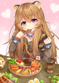Rule 34 | 1girl, animal ears, apple, apple slice, blush, bowl, brown hair, carrot, closed mouth, collarbone, commentary request, corn, cup, dual wielding, eating, egg yolk, female focus, food, food on face, fruit, hair between eyes, hamburger steak, hardboiled egg, head tilt, heart, highres, holding, holding spoon, lettuce, long hair, long sleeves, looking at viewer, meat, mini flag, okosama lunch, omelet, omurice, orange (fruit), orange slice, otosume ruiko, outline, pink eyes, plate, raccoon ears, raccoon girl, raphtalia, rice, solo, sparkle, spoon, stew, table, tate no yuusha no nariagari, wavy mouth, white outline, wooden spoon, wooden table
