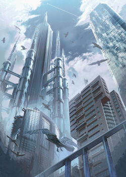 aircraft airplane animal bird blue_sky building cloud contrail day highres no_humans official_art outdoors psycho-pass railing scenery sky skyscraper swav tower