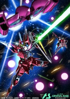 aile_strike_rouge artificial_eye battle beam_boomerang beam_rifle boomerang commentary debris energy energy_beam energy_gun energy_sword english_commentary explosion fatum-00_(gundam) gun gundam gundam_arsenal_base gundam_seed holding holding_beam_saber holding_gun holding_sword holding_weapon humanoid_robot javanese_commentary justice_gundam mecha mechanical_arms mechanical_eye mechanical_legs mechanical_wings mixed-language_commentary mobile_suit no_humans official_art rifle robot science_fiction sensor shield shimashun space star_(sky) strike_gundam strike_rouge sub-flight_system sword v-fin war weapon wings