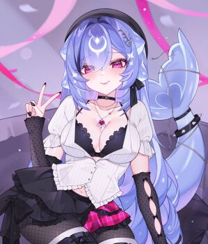 1girl absurdres bao_the_whale bao_the_whale_(rock_star) beret black_bra black_choker black_hat black_nails black_pantyhose black_ribbon black_skirt black_sleeves bra breasts choker closed_mouth detached_sleeves fish_hair_ornament fishnet_pantyhose fishnets hair_ornament hair_ribbon hat heart heart_necklace highres indie_virtual_youtuber jewelry long_hair navel necklace pantyhose pink_hair purple_hair ribbon rinne_(rinne_oi) shirt skirt smile solo underwear v virtual_youtuber white_shirt