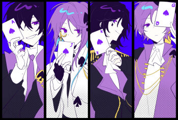 Rule 34 | 16personalities, 2boys, 2girls, ace (playing card), ace of spades, architect (16personalities), ascot, black jacket, card, closed mouth, coat, collared shirt, commander (16personalities), debater (16personalities), hair ornament, jack (playing card), jack of spades, jacket, king (playing card), king of spades, logician (16personalities), looking at viewer, monocle, mouyimouyi, multiple boys, multiple girls, necktie, open mouth, playing card, ponytail, purple background, purple coat, purple eyes, purple hair, purple necktie, queen (playing card), queen of spades (playing card), shirt, sidelocks, simple background, smile, spade (shape), spade hair ornament, spade tattoo, tattoo, white ascot, white shirt