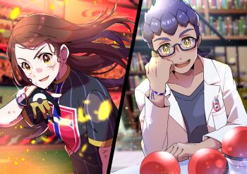 1boy 1girl absurdres aged_up black-framed_eyewear bookshelf brown_eyes brown_hair commentary_request dynamax_band embers glasses gloria_(pokemon) highres hop_(pokemon) indoors lab_coat looking_at_viewer making-of_available nintendo open_mouth poke_ball poke_ball_(basic) pokemon pokemon_swsh pon_yui print_shirt purple_hair semi-rimless_eyewear shirt short_sleeves smile split_screen stadium teeth tongue wristband yellow_eyes