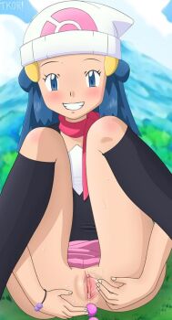 1girl anal_beads beanie blue_eyes blue_hair blurry blurry_background blush bracelet clitoral_hood clitoris cloud dawn_(pokemon) female_focus grass grin half_updo happy_sex hat jewelry loli long_hair masturbation matching_hair/eyes mountain nintendo no_panties on_floor outdoors pink_skirt pokemon presenting public_indecency pussy pussy_juice sex_toy sitting skirt sky smile socks solo spread_pussy sweat tkor uncensored urethra