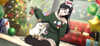 1girl animal animal_collar bare_shoulders black_hair black_thighhighs bleach bleach:_brave_souls blue_eyes breasts burn_the_witch candy candy_cane christmas christmas_lights christmas_ornaments christmas_present christmas_stocking christmas_tree christmas_tree_hair_ornament collar collarbone couch dog food gift hair_ornament indoors large_breasts long_hair niihashi_noel official_alternate_costume official_art osushi_(burn_the_witch) sitting sitting_on_lap sitting_on_person snowman_hair_ornament sweater thighhighs