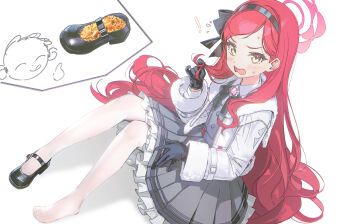 1girl black_gloves black_hairband black_shoes blue_archive blush commentary_request doodle_sensei_(blue_archive) dress drive_shot frilled_dress frills fur-trimmed_jacket fur_trim gloves grey_dress hairband halo highres jacket long_hair looking_at_viewer mary_janes open_mouth pantyhose partial_commentary pleated_skirt red_hair red_halo sensei_(blue_archive) shoes simple_background sitting skirt takane_(blue_archive) very_long_hair white_background white_jacket white_pantyhose yellow_eyes