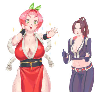 2girls breasts fatal_fury fatal_fury:_city_of_the_wolves freckles large_breasts long_hair multiple_girls shiranui_mai shiranui_mai_(cosplay)
