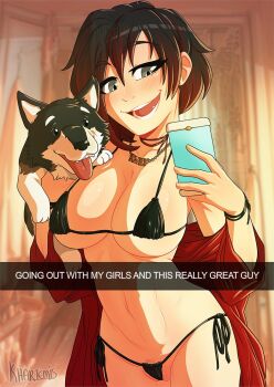 1girl animal bikini black_bikini black_hair breasts dog female_pubic_hair frontal_wedgie gradient_hair grey_eyes hair_between_eyes holding holding_animal khartemis large_breasts multicolored_hair navel pubic_hair red_hair ruby_rose rwby short_hair side-tie_bikini_bottom string_bikini swimsuit wedgie zwei_(rwby)