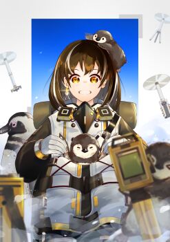 1girl absurdres arknights baby_animal bird border brown_hair coat commentary_request earrings gloves grin highres jewelry magallan_(arknights) multicolored_hair penguin penguin_chick sasa_kurumi single_earring smile solo streaked_hair white_border white_gloves white_streaks