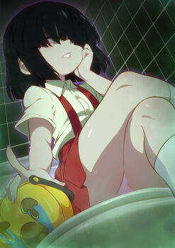 1girl black_hair character_request commentary copyright_request crossed_legs crying_emoji emoji english_commentary highres jcm2 loli paid_reward_available panties pantyshot pink_panties sitting skirt socks solo underwear