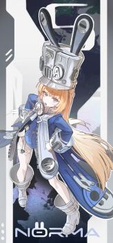 Rule 34 | 1girl, blonde hair, blue jacket, blush, garter straps, gloves, grey hat, hat, highres, jacket, large hat, long hair, looking at viewer, mw 01m, norma (zenless zone zero), open mouth, purple eyes, shako cap, simple background, solo, thighhighs, white garter straps, white gloves, white thighhighs, zenless zone zero