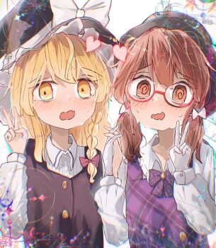 2girls @_@ black_hat black_vest blonde_hair blush bow bowtie braid brown_hair buttons casuisasa collared_shirt dress_shirt embarrassed frilled_hat frilled_shirt frilled_shirt_collar frills gloves hair_between_eyes hair_bow hat hat_bow highres holding_hands kirisame_marisa long_sleeves medium_hair multiple_girls open_mouth purple_bow purple_bowtie purple_vest red_bow school_uniform shirt single_braid sleeve_cuffs tearing_up touhou twin_braids usami_sumireko v vest white_background white_bow white_gloves white_shirt witch_hat yellow_eyes yuri