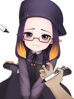 1girl bad_id bad_pixiv_id black_dress blue_eyes blurry blurry_background closed_mouth collared_shirt commentary dress drey525 english_commentary forehead glasses gradient_hair highres holding holding_marker hololive hololive_english long_hair long_sleeves looking_at_viewer marker mole mole_under_eye multicolored_hair neck_ribbon ninomae_ina&#039;nis ninomae_ina&#039;nis_(casual) official_alternate_costume orange_hair pinafore_dress pinstripe_pattern pinstripe_shirt pointy_ears pov pov_hands puffy_long_sleeves puffy_sleeves purple_hair purple_shirt ribbon semi-rimless_eyewear shirt simple_background sitting sleeveless sleeveless_dress solo_focus tearing_up tentacle_hair very_long_hair virtual_youtuber wariza wavy_mouth white_background