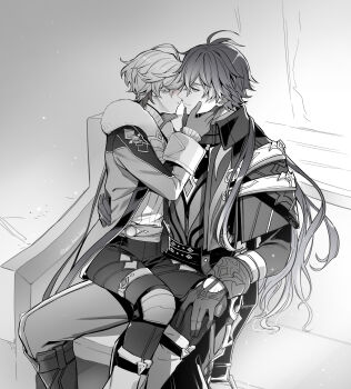 Rule 34 | 2boys, ahoge, beko beko1223, closed mouth, commentary request, flins (genshin impact), fur trim, genshin impact, gloves, greyscale, hand on another's waist, highres, illuga (genshin impact), imminent kiss, jacket, long hair, looking at another, male focus, monochrome, multiple boys, on lap, short hair, sitting, sitting on lap, sitting on person, smile, watermark, yaoi