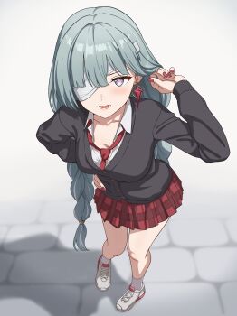 1girl absurdres alternate_costume bandage_over_one_eye blush braid breasts commentary fingernails grey_eyes grey_hair grey_sweater hand_on_own_hip hand_up highres long_hair long_sleeves looking_at_viewer low_twin_braids medium_breasts milliani multicolored_hair nail_polish necktie open_mouth phrolova_(wuthering_waves) pleated_skirt red_nails red_necktie red_skirt shoes skirt smile solo streaked_hair sweater twin_braids variant_set white_shoes wuthering_waves