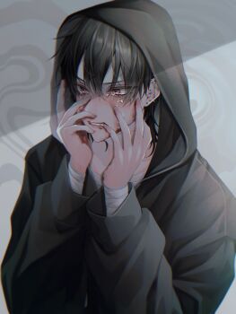 Rule 34 | 1boy, bandaged arm, bandaged hand, bandaged wrist, bandages, black hair, black hoodie, blood, blood on face, blood on hands, blush, commentary request, crying, crying with eyes open, ear piercing, earrings, fingernails, hair between eyes, hands on own face, hands up, highres, hood, hood up, hooded jacket, hoodie, jacket, jewelry, long sleeves, male focus, multiple earrings, obisn, original, parted lips, piercing, red eyes, shirt, solo, tears, upper body
