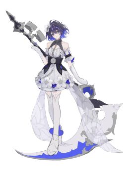 Rule 34 | 1girl, bare shoulders, black hair, blue eyes, blue hair, closed mouth, detached sleeves, dress, elbow gloves, flower, full body, gloves, hair between eyes, highres, holding, holding weapon, honkai (series), honkai impact 3rd, multicolored hair, puffy short sleeves, puffy sleeves, s2 oo, scythe, seele vollerei, shoes, short sleeves, simple background, smile, solo, standing, thighhighs, two-tone hair, weapon, white background, white dress, white flower, white gloves, white shoes, white thighhighs