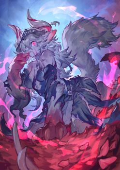 1girl breasts claws furry furry_female horns kneeling licking monster_girl original solo tail tapioka_chaso torn_clothes