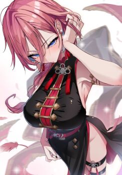 1girl black_dress blue_eyes blush braid braided_ponytail breasts china_dress chinese_clothes dress earrings feathers highres hololive jewelry large_breasts long_hair looking_at_viewer omoti_(1201208) pink_hair simple_background sleeveless sleeveless_dress smile solo takane_lui takane_lui_(china_dress) tassel thigh_strap virtual_youtuber