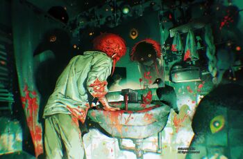 2boys bathroom binder bird blood blood_on_clothes dark different_shadow flashlight_beam guares404 highres looking_at_mirror mirror multiple_boys original pigeon red_hair shadow tile_floor tiles yellow_eyes