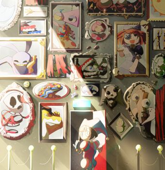 :d animal_ears asymmetrical_eyes asymmetrical_gloves blue_eyes blue_gloves bow brown_hair bubble_(the_amazing_digital_circus) button_eyes buttons caine_(the_amazing_digital_circus) chess_piece colored_sclera colored_teeth comedy_and_tragedy_masks crocodile_boy dentures detached_eyes door dress everyone fur-trimmed_robe fur_trim gangle_(the_amazing_digital_circus) ghost gloink_(the_amazing_digital_circus) gloves grin gummigoo hair_bow hat hat_bell heterochromia highres jax_(the_amazing_digital_circus) jester jester_cap jester_costume kaufmo_(the_amazing_digital_circus) king_(chess) kinger_(the_amazing_digital_circus) mannequin_(the_amazing_digital_circus) mask mismatched_eyes mismatched_gloves monster moon_(the_amazing_digital_circus) multicolored_eyes multicolored_hat multiple_boys multiple_girls open_mouth orbsman overalls pink_dress pink_eyes pink_hair pink_overalls pomni_(the_amazing_digital_circus) portrait_(object) princess_loolilalu_(the_amazing_digital_circus) puffy_short_sleeves puffy_sleeves purple_bow purple_dress rabbit_boy rabbit_ears ragatha_(the_amazing_digital_circus) red_gloves red_hair red_hat red_ribbon ribbon right_gla_s robe sharp_teeth short_hair short_sleeves smile striped_clothes striped_headwear sun_(the_amazing_digital_circus) sunlight teeth the_amazing_digital_circus triangle_nose two-tone_eyes vertical-striped_bodysuit vertical-striped_clothes vertical-striped_headwear white_gloves yellow_gloves yellow_sclera yellow_teeth zooble_(the_amazing_digital_circus)