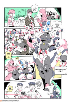 !? ... 2girls alternate_language animal_ears artist_name bandana car cat_ears claws comic commentary english_commentary english_text faceless faceless_male gun hat heart highres holding holding_gun holding_weapon hood hoodie joints laser_pointer limited_palette motor_vehicle multiple_boys multiple_girls original patreon_logo patreon_username police police_hat police_uniform policeman rabbit_ears robot_joints shepherd0821 spoken_ellipsis spoken_emoji spoken_heart spoken_interrobang spoken_skull walkie-talkie watermark weapon web_address