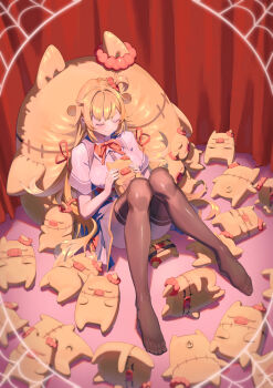 1girl akai_haato akai_haato_(1st_costume) black_pantyhose blonde_hair closed_eyes feet haaton_(akai_haato) hair_ornament hair_ribbon heart heart_hair_ornament highres hololive light_smile long_hair one_side_up pantyhose pig red_ribbon ribbon short_side_ponytail solo stuffed_animal stuffed_pig stuffed_toy thighhighs very_long_hair virtual_youtuber zetsuental