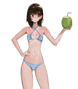 Rule 34 | absurdres, bikini, brown eyes, brown hair, coconut, earrings, food, hair ornament, higashiyama kobeni, highres, holding, holding food, jewelry, smirk, sweat, swimsuit, tefi blum