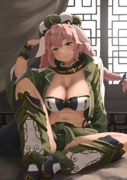 Rule 34 | 1girl, blush, braid, breasts, cleavage, full body, green eyes, green hat, grimms notes, grin, hair between eyes, hand up, hat, large breasts, long hair, looking at viewer, navel, pink hair, satoshiy83, sitting, smile, solo, teeth, zhu bajie (grimms notes)