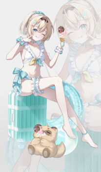 1girl :p absurdres aqua_bow aqua_choker aqua_eyes aqua_nails bikini blonde_hair bow breasts choker collarbone commentary dot_nose finger_to_cheek frilled_bikini frills hair_between_eyes hair_ornament highres holding holding_ice_cream_cone hololive ice_cream_cone kazama_iroha legband light_blush looking_at_viewer nail_polish navel one_eye_closed piyottorabitto pokobee ponytail reflection simple_background sitting sitting_on_object solo swimsuit symbol-only_commentary toenail_polish toenails tongue tongue_out virtual_youtuber