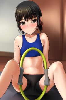 1girl absurdres bike_shorts black_hair black_shorts blue_bra blue_hair blurry blurry_background blush bra brown_eyes closed_mouth commentary_request depth_of_field exercising full-face_blush gym_shorts hair_ribbon highres indoors looking_at_viewer matsunaga_kouyou on_floor original red_ribbon ribbon short_hair shorts sitting solo sports_bra sportswear spread_legs standing thighs underwear