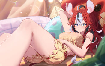 1girl :3 absurdres animal_ears arm_up black_hair black_streaks blue_eyes bow braid breasts camisole closed_mouth commentary double-parted_bangs frilled_shorts frills hair_between_eyes hair_bow hakos_baelz hakos_baelz_(strawberry_onesie) highres hololive hololive_english long_hair looking_at_viewer loungewear lying medium_breasts mouse_ears mouse_girl mouse_tail multicolored_hair official_alternate_costume on_back polka_dot polka_dot_camisole polka_dot_shorts red_hair short_shorts shorts side_braid solo strap_slip streaked_hair symbol-only_commentary tail virtual_youtuber white_hair white_streaks yellow_camisole yellow_shorts yoellim5