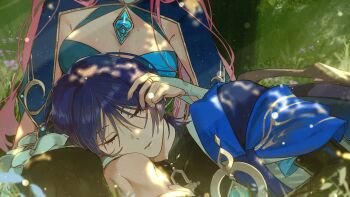 1boy 1girl arm_at_side armor armpit_crease black_bodysuit black_bridal_gauntlets black_hat black_pantyhose blue_cape blue_dress blue_gem blue_shrug blunt_ends bodysuit breasts bridal_gauntlets cape chest_jewel choppy_bangs cleavage cleavage_cutout closed_eyes clothing_cutout commentary couple covered_collarbone dress english_commentary eyelashes eyeliner eyeshadow facing_viewer gem genshin_impact gold gold_trim grass hand_in_another's_hair hand_on_another's_leg hand_up hat hetero highres japanese_armor jingasa kote kurokote lap_pillow large_breasts long_hair lying makeup mandarin_collar mole mole_on_breast oc_x_canon on_grass on_side original outdoors pantyhose parted_lips pink_hair purple_hair red_eyeliner red_eyeshadow scaramouche_(genshin_impact) shrug_(clothing) sitting sleeping unworn_hat unworn_headwear wanderer_(genshin_impact) yoontrsh