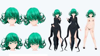 1girl 3d artist_request bare_legs black_dress bra breasts reference_sheet curly_hair dress full_body green_eyes green_hair highres lingerie multiple_views one-punch_man panties shiny_skin side-tie_panties simple_background small_breasts tatsumaki thong underwear