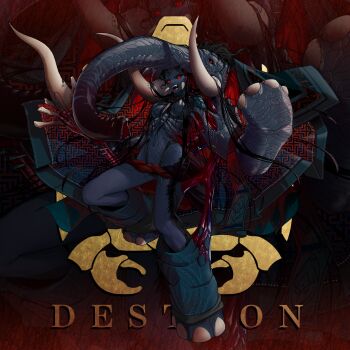 1girl animal_feet animal_hands black_hair black_sclera black_skin colored_sclera colored_skin commentary commission eidenjyou1997 elephant_girl english_commentary fangs genderswap genderswap_(mtf) highres holding holding_scepter kamen_rider kamen_rider_v3_(series) kyuuketsu_mammoth logo monster_girl navel open_mouth pixiv_commission red_eyes scepter shouting solo tusks zoom_layer