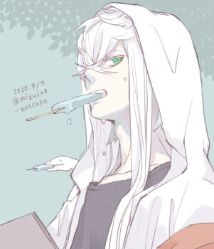 1boy asclepius_(fate) asclepius_(summer_rescue)_(fate) black_shirt dated dripping fate/grand_order fate_(series) food food_in_mouth green_background green_eyes hair_between_eyes highres hood hoodie kokon_tozai_(mizuiro_hotcake) long_hair looking_at_viewer looking_to_the_side male_focus mouth_hold open_clothes open_hoodie popsicle popsicle_in_mouth portrait shirt small_sweatdrop snake solo teeth_hold twitter_username white_background white_hoodie