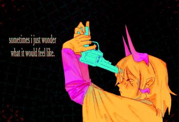 1girl black_background capelet caption commentary english_commentary english_text expressionless finger_on_trigger gun gun_to_head handgun holding holding_gun holding_weapon horns imminent_suicide limited_palette long_sleeves looking_at_object multiple_horns phighting! saturated senverymuch short_hair simple_background solo subspace_(phighting!) upper_body weapon