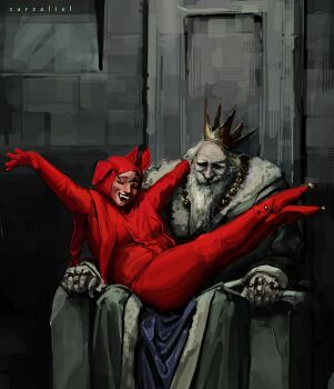 2boys beard black_hair bodysuit closed_eyes color_contrast commentary crown elbow_rest english_commentary facial_hair fangs full_body fur_collar gold_necklace grin highres jewelry multiple_boys necklace old old_man on_lap original outstretched_arms painterly pelvic_curtain robe short_hair sitting slouching smile stanczyk_(character) throne white_hair white_robe wrinkled_skin zarzaliel