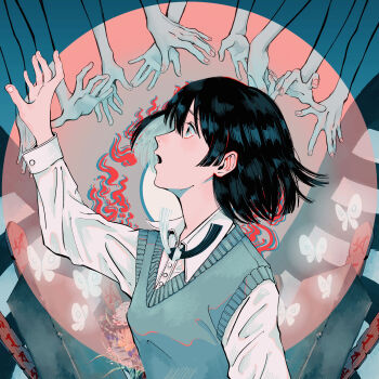 Rule 34 | 1girl, absurdres, album cover, aqua sweater, arm up, black hair, blouse, blue eyes, blue hair, bug, butterfly, circle, collared shirt, commentary, cover, from side, highres, insect, long sleeves, multicolored hair, neck tassel, open mouth, original, profile, reaching, shirt, short hair, solo focus, sotoba, sweater, sweater vest, tassel, tomei ningen, upper body, white butterfly, white shirt