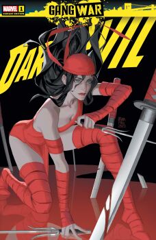 1girl absurdres ambiguous_red_liquid aqua_eyes bandana black_hair boots broken broken_sword broken_weapon comic_cover copyright_name cover cover_page daredevil_(series) dual_wielding elektra elektra_natchios english_text highres holding holding_weapon katana leotard long_hair marvel official_art on_one_knee pelvic_curtain red_bandana red_boots red_leotard red_lips red_theme sai_(weapon) solo sword thigh_boots weapon yaoyao794