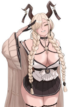 Rule 34 | 1girl, absurdres, azur lane, bare shoulders, black skirt, blonde hair, braid, breasts, brown horns, cleavage, coat, commentary, earrings, hair over one eye, highres, horn ornament, horns, jewelry, kei4, large breasts, long sleeves, low twin braids, miniskirt, open clothes, open coat, owari (azur lane), pleated skirt, salute, simple background, skirt, solo, tassel, tassel earrings, twin braids, white background, wide sleeves, yellow eyes