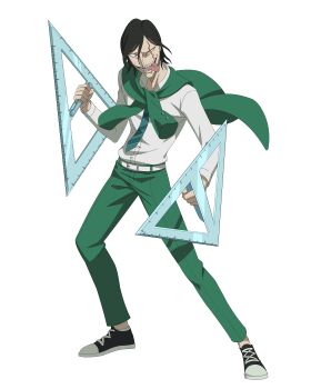 1boy absurdres aqua_necktie belt black_clover black_clover_m:_rise_of_the_wizard_king black_hair black_shoes collared_shirt crazy full_body green_jacket green_pants hair_between_eyes highres jack_the_ripper_(black_clover) jacket jacket_around_neck looking_at_viewer necktie non-web_source official_alternate_costume official_art orange_eyes pants scar scar_across_eye scar_on_face shirt shoes simple_background solo striped_clothes striped_necktie teeth tongue tongue_out transparent_background white_belt white_shirt