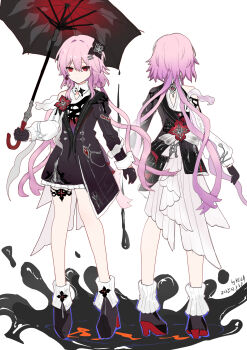 1girl absurdres asymmetrical_sleeves buttons chain clothing_cutout collar commentary dress earrings evernight_(honkai:_star_rail) flower from_behind full_body gem gloves hair_between_eyes hair_flower hair_ornament hairclip highres holding holding_umbrella honkai:_star_rail honkai_(series) ink jewelry kkkula_(kula) layered_dress long_hair march_7th_(honkai:_star_rail) mismatched_sleeves parallel_hairclips pink_hair red_eyes red_gemstone shoes single_bare_shoulder single_earring thigh_strap umbrella very_long_hair