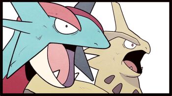 artistic_error black_border border gen_2_pokemon gen_3_pokemon gojya horns md5_mismatch mega_pokemon mega_tyranitar nintendo no_humans open_mouth pokemon pokemon_(creature) resolution_mismatch salamence sharp_teeth simple_background source_smaller spikes surprised teeth tyranitar pokemon_world_championships video_game_championships_2015 white_background