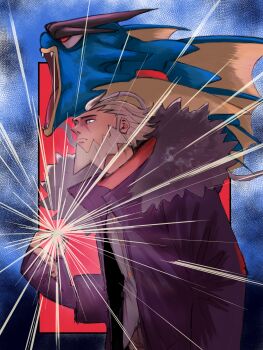 Rule 34 | 1boy, beard, black gloves, black jacket, closed mouth, commentary request, facial hair, fangs, fingerless gloves, fur-trimmed jacket, fur trim, gen 1 pokemon, gloves, glowing, grey shirt, gyarados, hat, highres, holding, jacket, long sleeves, lysandre (pokemon), male focus, mega gyarados, mega pokemon, nintendo, open clothes, open jacket, open mouth, pokemon, pokemon (creature), pokemon legends: z-a, red eyes, shirt, short hair, spoilers, user hmrm3822, white eyes, white hat