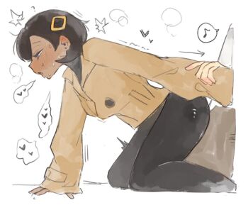 2girls arrow_(symbol) black_bodysuit black_hair blush bodysuit breasts brown_eyes brown_hair brown_jacket chamopichamo commentary dark-skinned_female dark_skin dry_humping emma_(pokemon) from_side hair_bun hand_on_floor harmony_(pokemon) heart humping jacket latex latex_bodysuit multiple_girls musical_note nintendo pokemon pokemon_legends:_z-a sex short_hair simple_background speech_bubble spoken_heart spoken_musical_note sweat trembling white_background yuri