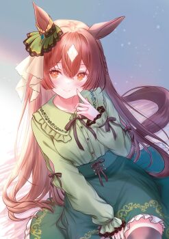 1girl absurdres animal_ears black_ribbon black_thighhighs blush braid breasts brown_eyes brown_hair closed_mouth commentary_request double-parted_bangs ear_ornament green_shirt green_skirt hair_between_eyes highres horse_ears horse_girl horse_tail long_hair long_sleeves looking_at_viewer multicolored_hair neck_ribbon ribbon sasaminiku_(chickenbstrips) satono_diamond_(umamusume) shirt sitting skirt smile solo tail thighhighs umamusume very_long_hair